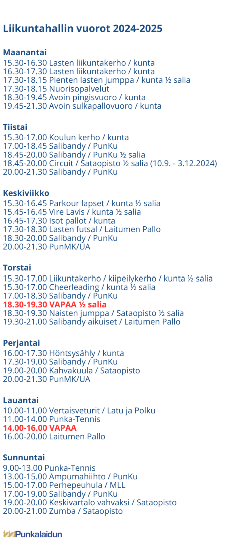 Liikuntahallin vuorot 2024-2025