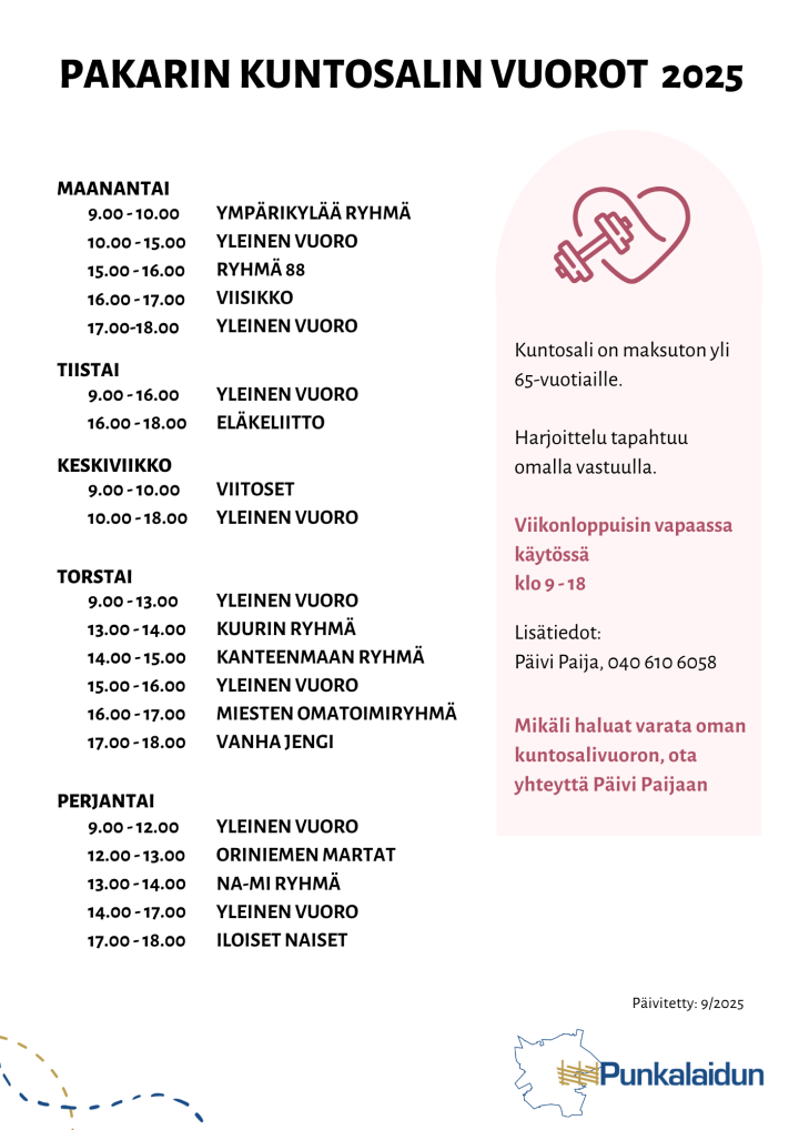 Pakarin kuntosalivuorot 2025 Pakarin kuntosalivuorot 2025